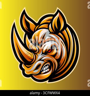 Illustration de mascotte de rhinocéros féroce avec des cornes vives et des tons jaunes brillants, parfait pour le sport, le jeu ou l'identité de marque agressive Illustration de Vecteur