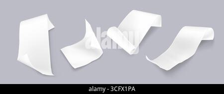 Feuilles de papier vierges pour reçus de factures avec bords courbés et pliés flottant sur fond gris pour les documents financiers. Modèles de facture blancs dans différentes positions pour la comptabilité ou les maquettes de paiement. Illustration de Vecteur