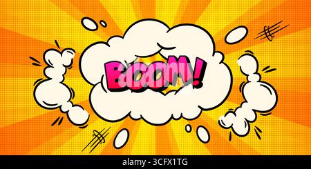 Explosion de pow boom comique avec texte, éclat de nuage blanc et fond de demi-teinte orange pour l'action de super-héros. Bulle de discours rétro pop art avec rayons radiaux, bouffées de fumée et lignes de mouvement pour un effet d'impact Illustration de Vecteur