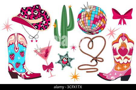 Ensemble de fête de cow-girl disco avec chapeau léopard, bottes de fraise, cactus et boule miroir, lasso coeur et chaussure occidentale décorative pour des événements à thème. Verre à cocktail rose, badge shérif et noeud coquette. Illustration de Vecteur