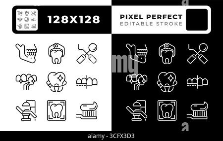 Ensemble d'icônes de lignes noires et blanches de pixels parfaits du service de stomatologie Illustration de Vecteur