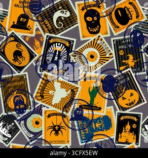 Motif sans couture Halloween vieux timbres-poste, vintage postal Illustration de Vecteur