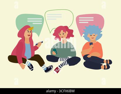 Les enfants utilisent des téléphones pour discuter entre eux. Illustration vectorielle dans un style plat. Concept de réseau social. Concept d'applications de messagerie. Accro aux smartphones Illustration de Vecteur