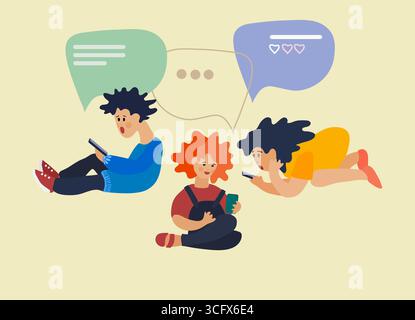 Les enfants utilisent des téléphones pour discuter entre eux. Illustration vectorielle dans un style plat. Concept de réseau social. Concept d'applications de messagerie. Accro aux smartphones Illustration de Vecteur