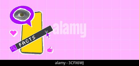 Modèle d'arrière-plan des autocollants demi-teintes et pixels de la barre de recherche des faits. Collage avec des bulles de discours pixel art et téléphone magazine et découpes d'oeil. Vecteur y2k Illustration de Vecteur