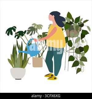 Jeune femme arrosant des plantes d'intérieur. Illustration vectorielle dans un style plat Illustration de Vecteur