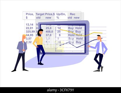 Concept de recherche sur l'équité. Travail d'équipe sur le marché boursier. Directeurs des ventes, analystes. Personnes dessinées à la main, tableau, graphique Illustration de Vecteur