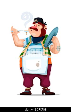 Personnage d'équipage de bateau de cuisine pirate de dessin animé dégustant une soupe avec une cuillère, tenant un couvercle de pot et portant un tablier. Personnage de chef de corsaire vectoriel pour des jeux, des livres d'histoires ou des aventures culinaires à thème culinaire Illustration de Vecteur