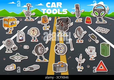Pack d'autocollants personnages de pièces de rechange de voiture Groovy. Patchs vectoriels de dessin animé ludiques ensemble d'outils de voiture de y2k et de pièces automobiles comme le moteur, la batterie, l'huile, le pneu et la clé avec des visages souriants sur un fond de route Illustration de Vecteur