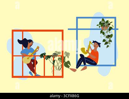 Les gens font des performances musicales depuis leurs fenêtres et leurs balcons. Distanciation sociale pendant la pandémie de COVID-19 Illustration de Vecteur