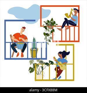 Des gens qui font des performances musicales depuis leurs balcons. Distanciation sociale pendant la pandémie de COVID-19 Illustration de Vecteur