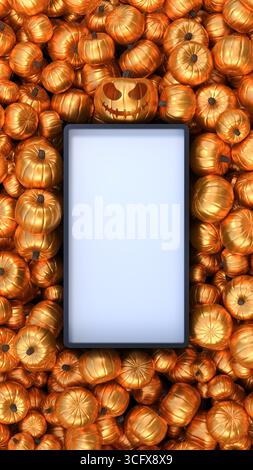 Un jack-o-lanterne et beaucoup de citrouilles dorées autour d'un cadre blanc, vu d'en haut - rendu 3D. Banque D'Images