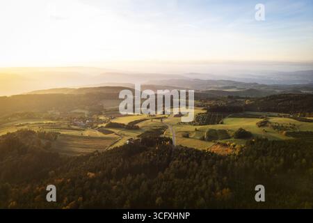 Vue aérienne des collines vallonnées baignées par la lueur chaude du soleil du matin projetant de longues ombres à travers le paysage, Jauerling, Niederösterreich, Autriche. Banque D'Images