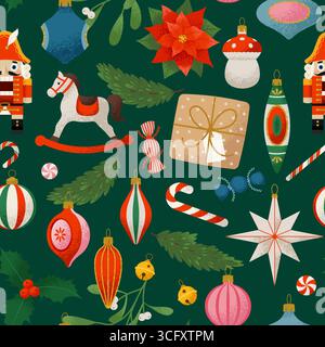 Modèle sans couture de Noël avec jouets de Noël vintage, ornements et cadeaux. Style rétro tendance. Conception vectorielle Illustration de Vecteur