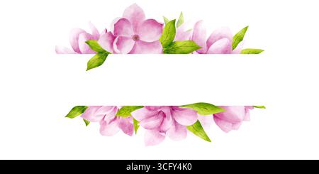 Cadre horizontal avec fleurs et feuilles de magnolia rose. Cadre floral aquarelle pour certificats, invitations et cartes Banque D'Images