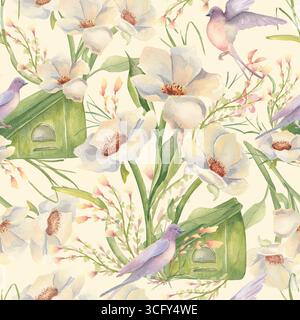 Aquarelle motif de printemps sans couture avec anémones crémeuses, pivoines et hirondelles. Motif de répétition de jardin délicat avec nichoir et verdure florale luxuriante Banque D'Images