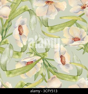 Aquarelle dessinée à la main motif sans couture d'anémones crémeuses et de verdure luxuriante isolé. Répétition botanique de fleurs et de feuilles blanches. Floral pastel Banque D'Images