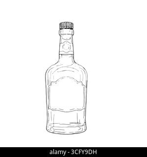 Bouteille en verre avec liège et étiquette, croquis à l'encre noire et blanche. Illustration vectorielle. Bouteille de vin, de whisky ou de scotch, isolée sur fond blanc. Pour un Illustration de Vecteur