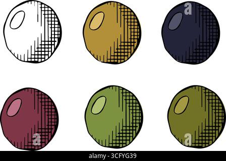 Olives vertes et noires Olive Berry unique isolé coloré. Illustration vectorielle d'encre de ligne graphique. Exemple d'affiche, invitation, bannière de vacances, carte postale. Illustration de Vecteur