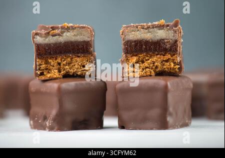Dominosteine, Un bonbon de Noël traditionnel allemand avec pain d'épices, Marzipan et gelée recouvert de chocolat brun Banque D'Images