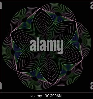 Mandala floral géométrique complexe avec des lignes tourbillonnantes et des couleurs vibrantes, créant une illusion d'optique fascinante Illustration de Vecteur