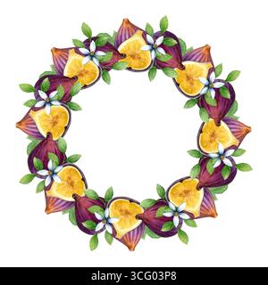 Couronne de figues, feuilles de citron et fleurs. Aquarelle de fruits et de feuilles isolés sur un fond blanc. Bon pour les cartes postales, les recettes, le menu Banque D'Images