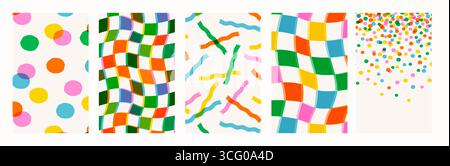 Motifs sans couture avec point coloré, damier ondulé et confettis dans un style abstrait rétro lumineux. Motifs sans couture à points et damiers avec effet multiplicateur Illustration de Vecteur