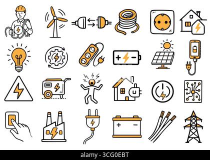 Une collection d'icônes liées à l'énergie, y compris des éoliennes, des ampoules, des panneaux solaires et des symboles électriques. Les illustrations illustrent les énergies renouvelables Illustration de Vecteur