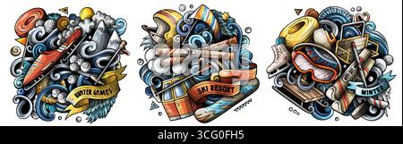 Ensemble d'illustrations de dessin animé de ski Resort. Conception drôle d'objets et d'éléments. Sports d'hiver activités de plein air éléments et objets cartoon backgro Illustration de Vecteur