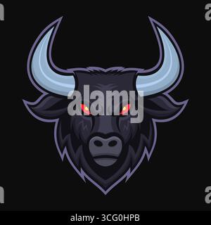 Logo de mascotte de Bull audacieux avec une tête d'animal puissante avec des cornes aiguisées, une expression forte et un contour dynamique Illustration de Vecteur