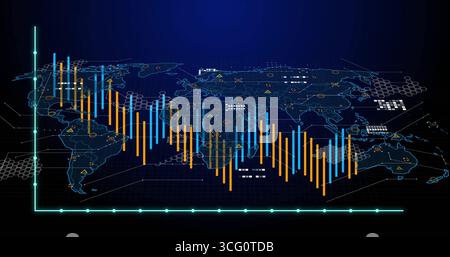 Affichage de la carte du monde avec des graphiques à barres orange et bleues sur le tableau de bord, une grille lumineuse et des superpositions hexagonales Banque D'Images
