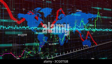 Affichage d'un graphique de données global sur le tableau de bord analytique, avec une carte bleue du monde et des graphiques à lignes rouges vertes Banque D'Images