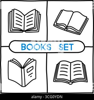 Doodle icônes de livre ouvert dessiné à la main avec une ligne noire dans le style à main levée. Illustration vectorielle isolée sur fond blanc Illustration de Vecteur
