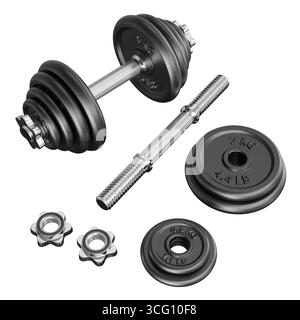 Haltère réglable noire et une démontée avec poignée de tige, plaques de poids et serrures isolées sur fond blanc. Illustration 3D. Banque D'Images