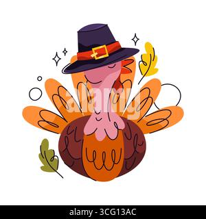 dinde festive d'action de grâce en chapeau de pèlerin. Caractère d'oiseau de vecteur pour la célébration de vacances d'automne ou d'automne. Élément de carte de vœux ou d'invitation pour saisonnier. Oiseau ou volaille pour le festin. Animal mascotte. Illustration de Vecteur