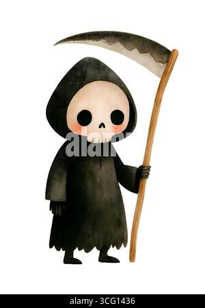 Cute Grim Reaper illustration - Mini Death Halloween personnage isolé sur fond blanc, JPG Banque D'Images