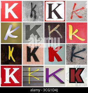 Collection de 16 lettres K majuscules serif et san serif prises dans les rues urbaines Banque D'Images