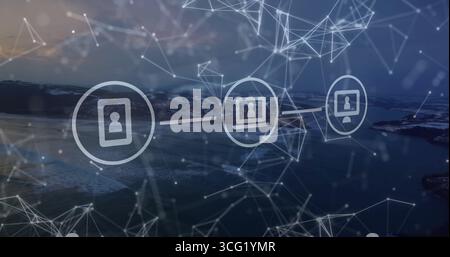 Affichage de trois icônes de profil utilisateur circulaires reliant au-dessus de la mer au crépuscule, avec superposition de maillage réseau Banque D'Images