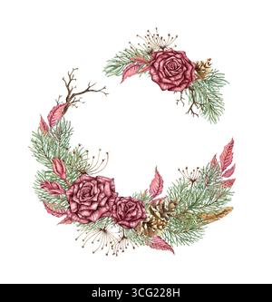 Couronne de roses Bordeaux, branches de sapin, cônes, fleurs séchées, branches sèches et plumes. Illustration aquarelle dans le style steampunk pour Noël et Banque D'Images