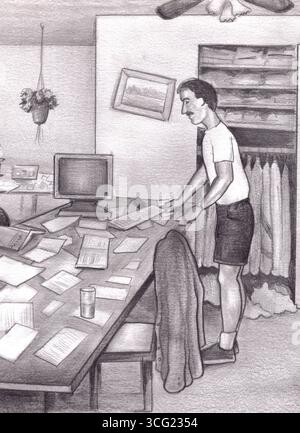 Homme mûr portant un pantalon court et un t-shirt debout dans une salle à manger organisant des papiers sur une table qui a également un ordinateur sur elle homme dans le bureau à domicile Banque D'Images