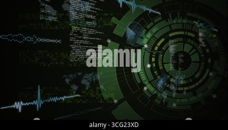 Affichage de l'interface de données radiale verte centrale tournant sur l'affichage virtuel, montrant le code flottant Banque D'Images