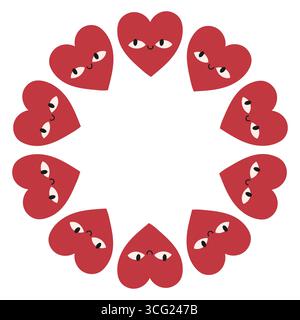 Cadre cercle coeur Saint-Valentin. Bordure ronde sur le thème de l'amour faite de coeurs. Couleurs roses et rouges joyeuses Saint-valentin vecteur de bannière dessinée à la main isolé Illustration de Vecteur