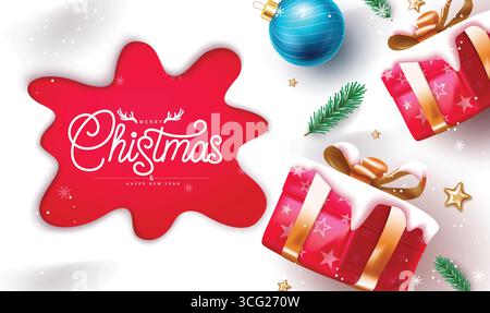 Voeux de Noël avec des boîtes-cadeaux enneigées, des ornements et un décor de vacances Illustration de Vecteur