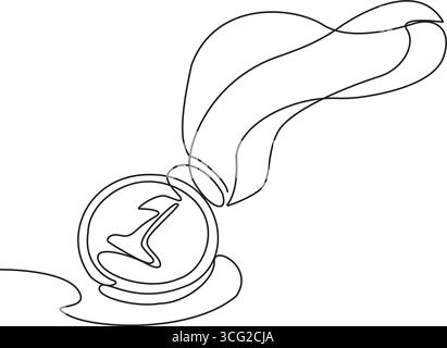 Une seule ligne dessinant la médaille d'or pour la première place. Médaille d'or sur ruban. Récompense pour la victoire remportant le premier placement. Boucles torsadées. Illustration de Vecteur