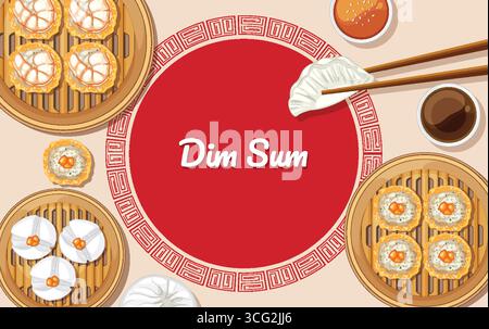 Vecteur top-down de dim sum assortis, boulettes, petits pains et thé dans un cercle rouge. Illustration de Vecteur