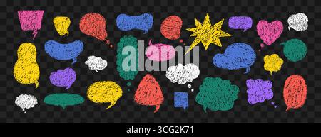 Bulle de discours dessinée à la main. Ensemble vectoriel avec des zones de texte de griffonnage à la craie. Ballons colorés rétro doodle pour les bandes dessinées ou les messages de chat. Style Y2K Illustration de Vecteur