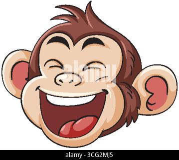 Tête de singe de dessin animé souriante avec les yeux fermés, bouche ouverte, lignes audacieuses, couleurs plates, isolé. Illustration de Vecteur