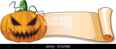 Vecteur de dessin animé de sinistre jack-o'-lanterne à côté du défilement de parchemin blanc, couleurs vibrantes, disposition horizontale. Illustration de Vecteur