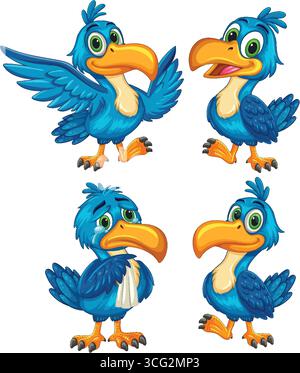 Personnage de dessin animé d'oiseau bleu ludique dans quatre poses expressives, couleurs vibrantes, style vectoriel propre. Illustration de Vecteur