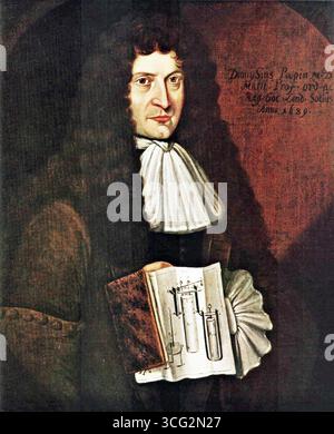Denis Papin FRS (prononciation française : [dəni papɛ̃] ; 22 août 1647 – 26 août 1713)[1] est un physicien, mathématicien et inventeur français, surtout connu pour son invention pionnière du digesteur à vapeur, précurseur de l'autocuiseur, la machine à vapeur, Banque D'Images